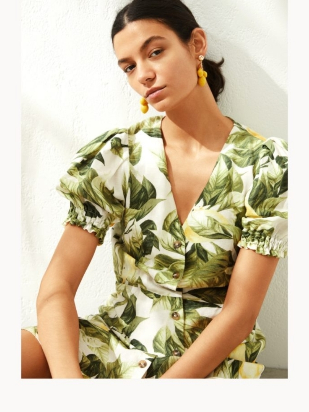 H&M White Mini Dress with Green Leaf Print Mini Dress Linen
